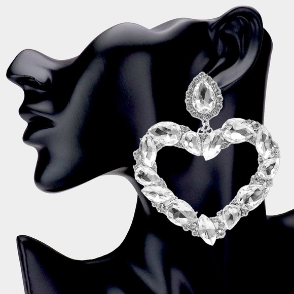 Marquise Teardrop Stone Cluster Open Heart Dangle Evening Earrings - Picture 2 of 5